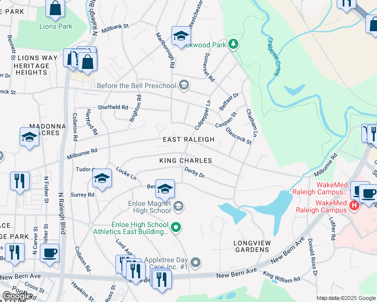 map of restaurants, bars, coffee shops, grocery stores, and more near 2401 Stevens Road in Raleigh