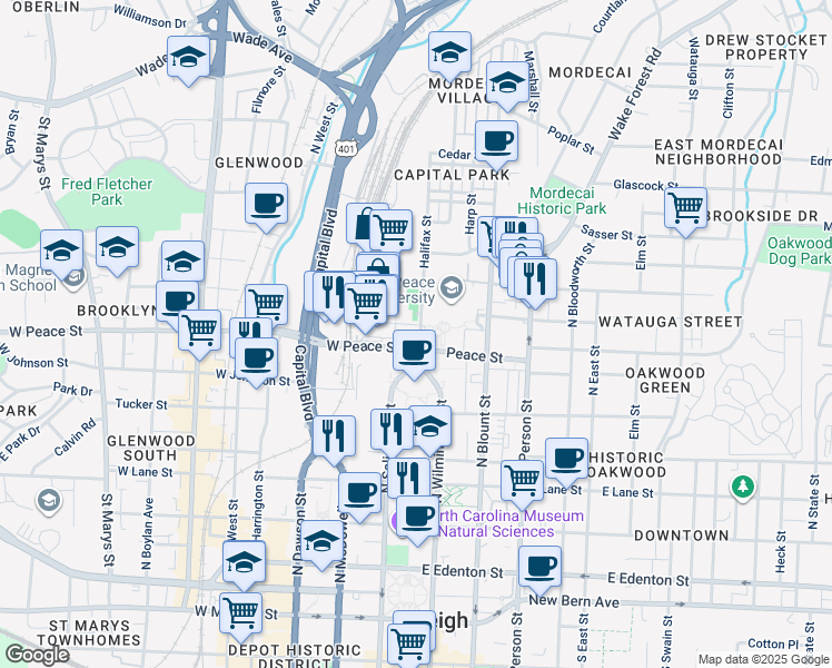 map of restaurants, bars, coffee shops, grocery stores, and more near 605 Halifax Street in Raleigh