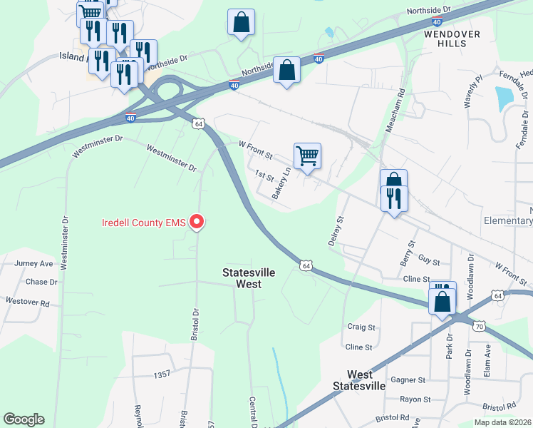 map of restaurants, bars, coffee shops, grocery stores, and more near 324 Bakery Lane in Statesville