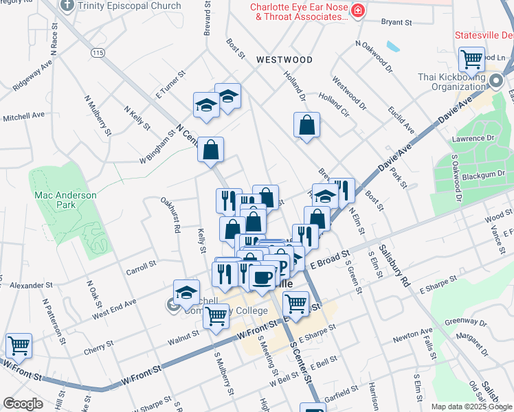 map of restaurants, bars, coffee shops, grocery stores, and more near 119 Stockton Street in Statesville