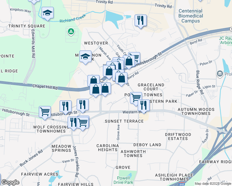map of restaurants, bars, coffee shops, grocery stores, and more near 5401 Etta Burke Court in Raleigh