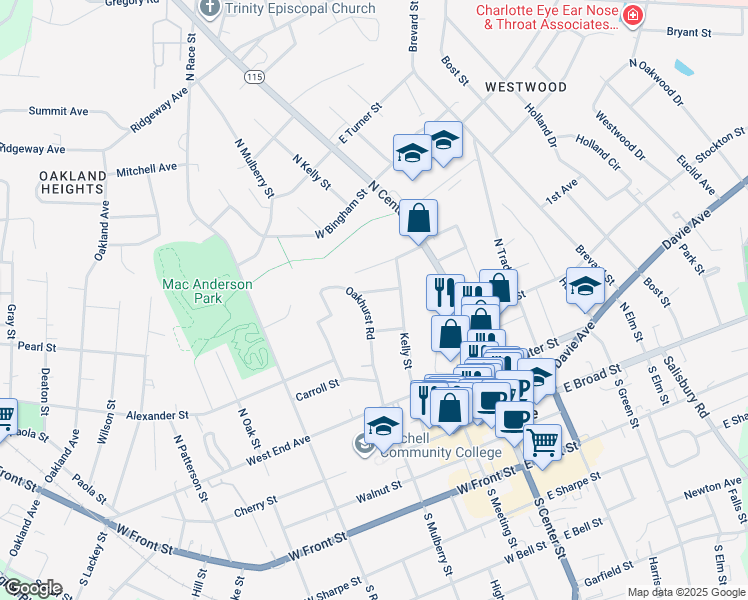 map of restaurants, bars, coffee shops, grocery stores, and more near 227 Maple Street in Statesville