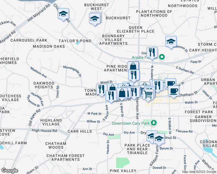 map of restaurants, bars, coffee shops, grocery stores, and more near 312 Holloway Street in Cary