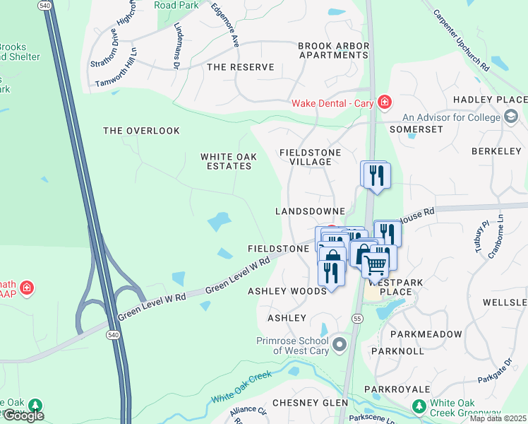 map of restaurants, bars, coffee shops, grocery stores, and more near 6808 Branton Drive in Cary