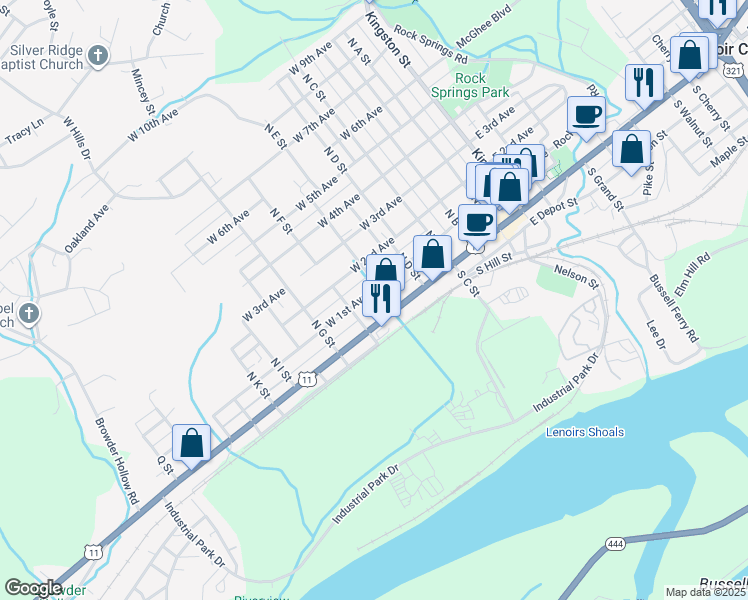 map of restaurants, bars, coffee shops, grocery stores, and more near 508 West 1st Avenue in Lenoir City