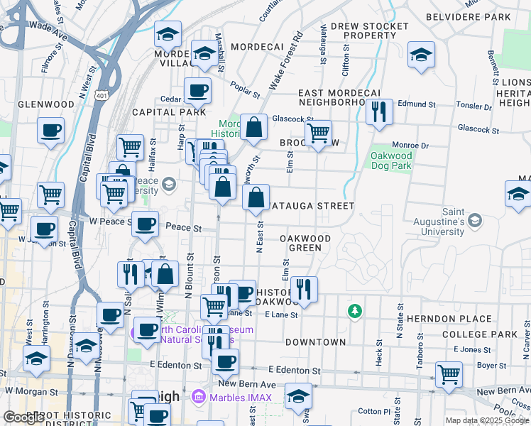 map of restaurants, bars, coffee shops, grocery stores, and more near 618 North East Street in Raleigh