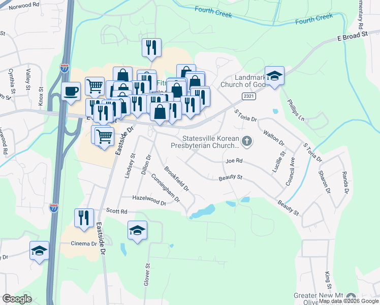 map of restaurants, bars, coffee shops, grocery stores, and more near 304 Safriet Road in Statesville