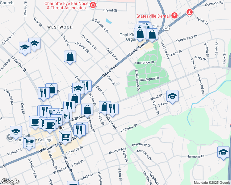 map of restaurants, bars, coffee shops, grocery stores, and more near 129 Park Street in Statesville