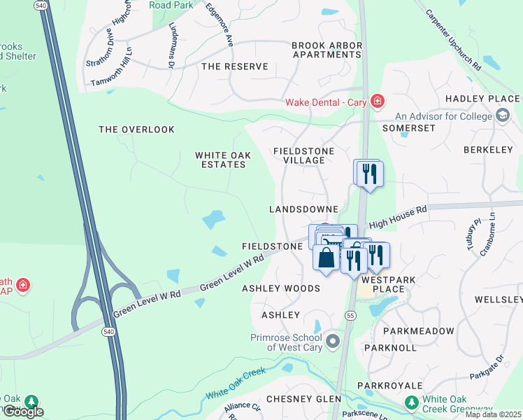map of restaurants, bars, coffee shops, grocery stores, and more near 6808 Branton Drive in Cary