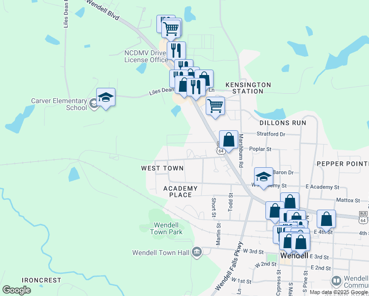 map of restaurants, bars, coffee shops, grocery stores, and more near 520 Industrial Drive in Wendell