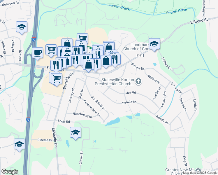 map of restaurants, bars, coffee shops, grocery stores, and more near 235 Safriet Road in Statesville