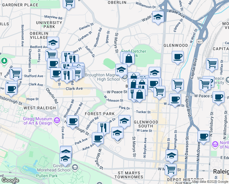 map of restaurants, bars, coffee shops, grocery stores, and more near 1015 West Peace Street in Raleigh