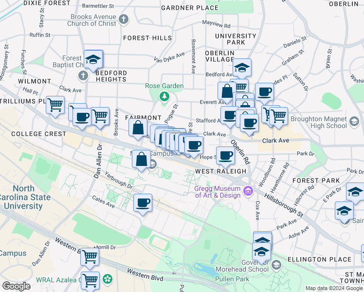 map of restaurants, bars, coffee shops, grocery stores, and more near 18 Horne Street in Raleigh