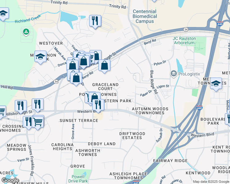 map of restaurants, bars, coffee shops, grocery stores, and more near 125 Pineland Circle in Raleigh