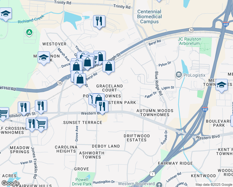 map of restaurants, bars, coffee shops, grocery stores, and more near 125 Pineland Circle in Raleigh