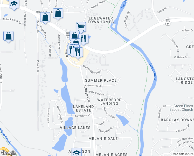 map of restaurants, bars, coffee shops, grocery stores, and more near 5317 Suntan Lake Drive in Raleigh