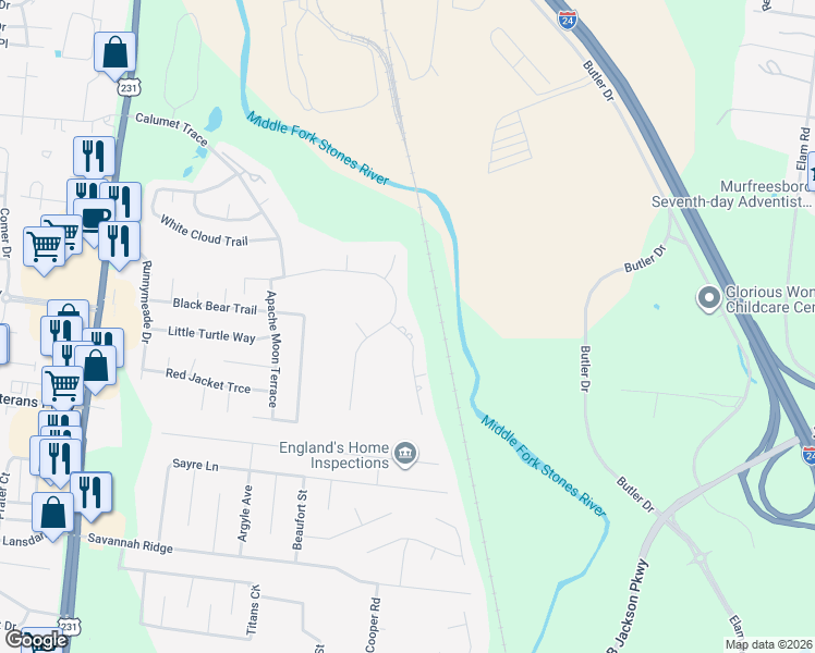 map of restaurants, bars, coffee shops, grocery stores, and more near 2703 American Horse Trail in Murfreesboro
