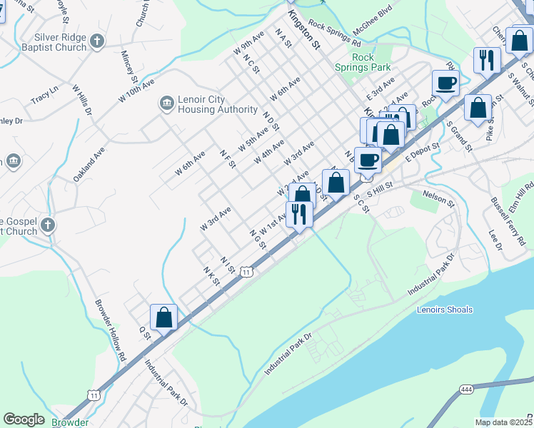 map of restaurants, bars, coffee shops, grocery stores, and more near 206 North F Street in Lenoir City