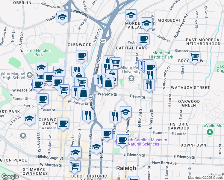 map of restaurants, bars, coffee shops, grocery stores, and more near 100 Seaboard Avenue in Raleigh