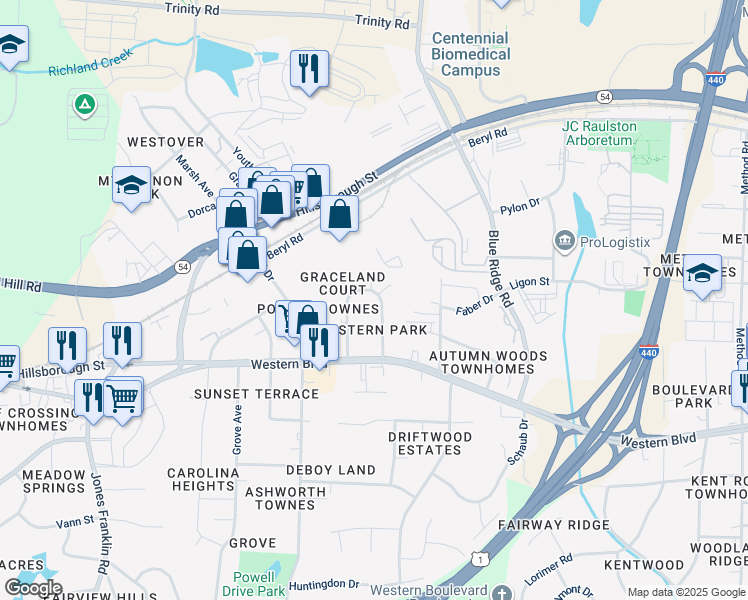 map of restaurants, bars, coffee shops, grocery stores, and more near 125 Pineland Circle in Raleigh