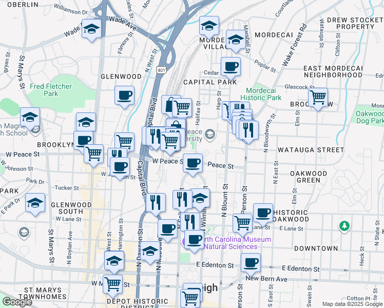 map of restaurants, bars, coffee shops, grocery stores, and more near 5 Seaboard Avenue in Raleigh