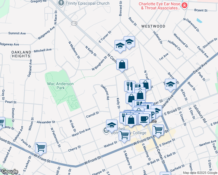 map of restaurants, bars, coffee shops, grocery stores, and more near 227 Maple Street in Statesville
