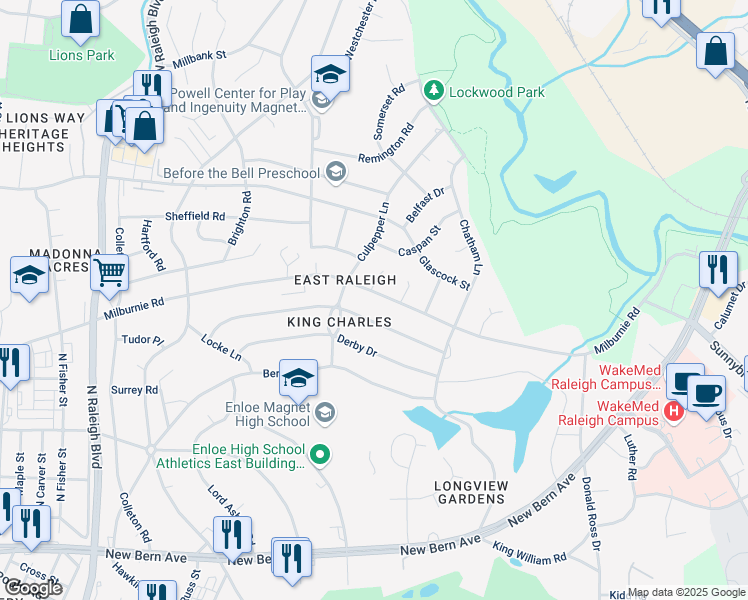 map of restaurants, bars, coffee shops, grocery stores, and more near 2420 Milburnie Road in Raleigh