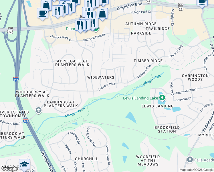 map of restaurants, bars, coffee shops, grocery stores, and more near 611 Calavaras Lane in Knightdale