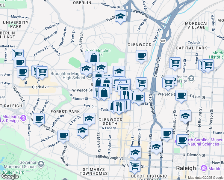 map of restaurants, bars, coffee shops, grocery stores, and more near West Peace Street & North Boylan Avenue in Raleigh