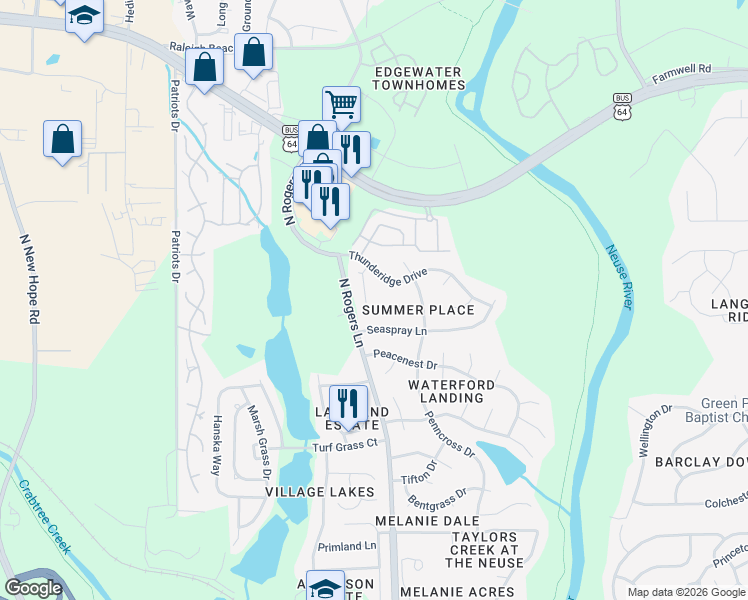map of restaurants, bars, coffee shops, grocery stores, and more near 1008 Stormy Lane in Raleigh