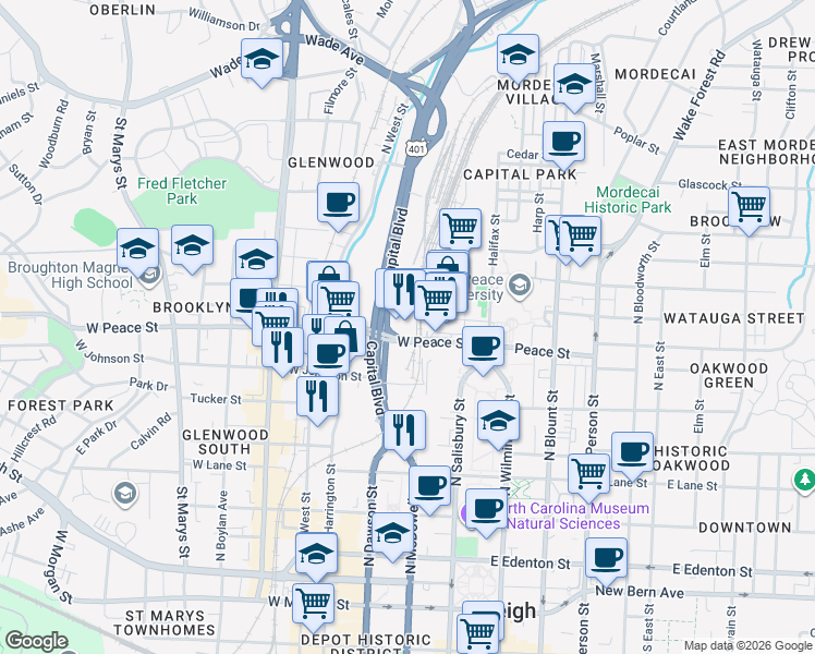map of restaurants, bars, coffee shops, grocery stores, and more near in Raleigh