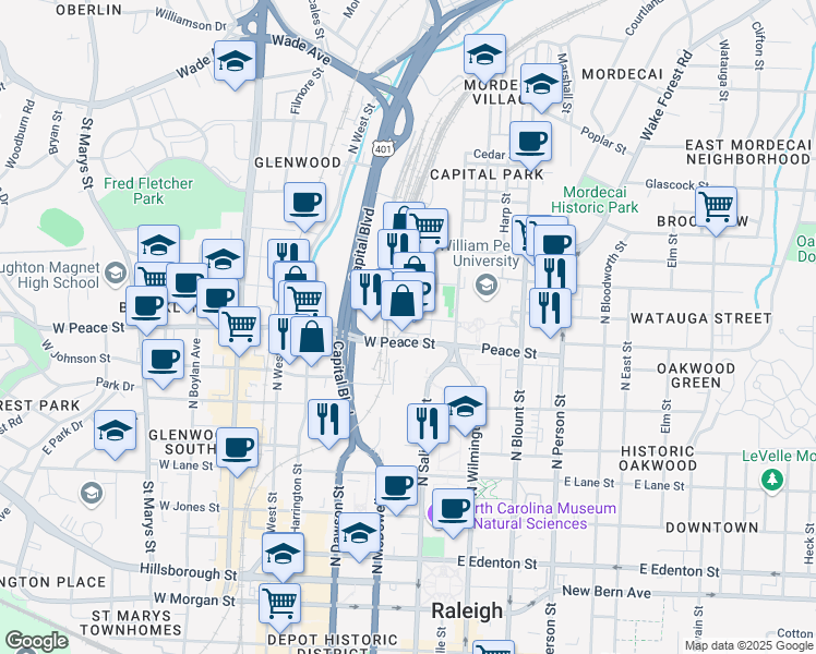 map of restaurants, bars, coffee shops, grocery stores, and more near 100 Seaboard Avenue in Raleigh