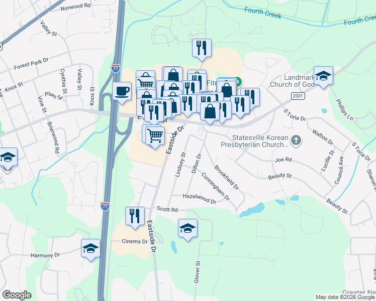 map of restaurants, bars, coffee shops, grocery stores, and more near 219 Lindsey Street in Statesville
