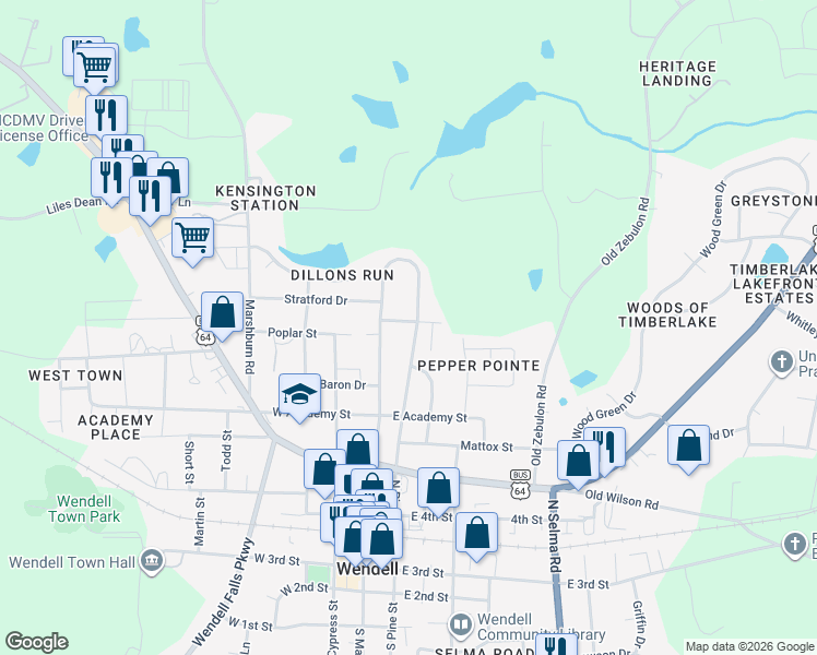 map of restaurants, bars, coffee shops, grocery stores, and more near 526 North Pine Street in Wendell