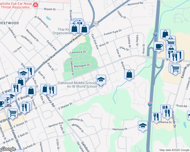 map of restaurants, bars, coffee shops, grocery stores, and more near 915 Wood Street in Statesville