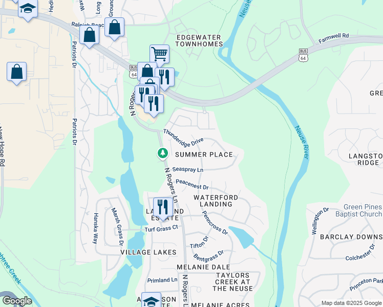map of restaurants, bars, coffee shops, grocery stores, and more near 5317 Suntan Lake Drive in Raleigh
