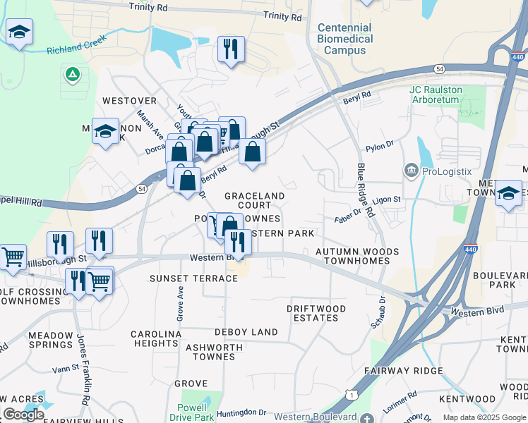 map of restaurants, bars, coffee shops, grocery stores, and more near 145 Pineland Circle in Raleigh