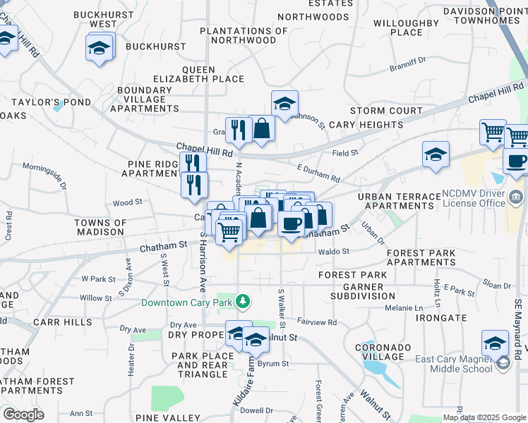 map of restaurants, bars, coffee shops, grocery stores, and more near 119 Ambassador Loop in Cary