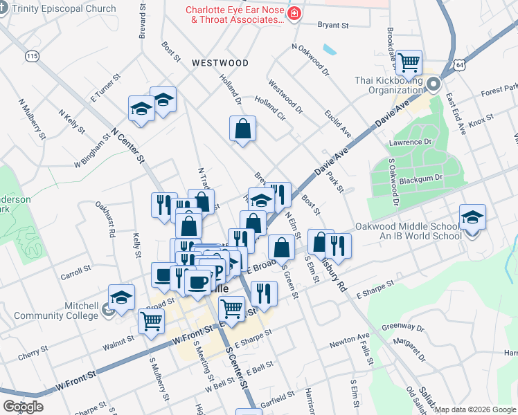 map of restaurants, bars, coffee shops, grocery stores, and more near 216 Harrill Street in Statesville