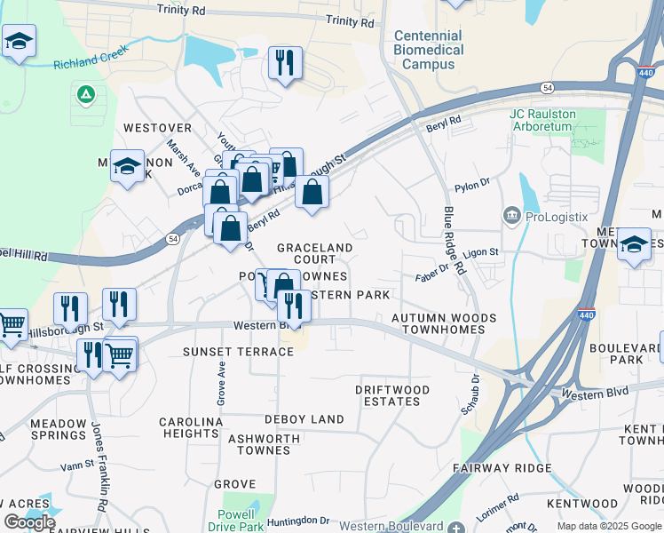 map of restaurants, bars, coffee shops, grocery stores, and more near 143 Pineland Circle in Raleigh