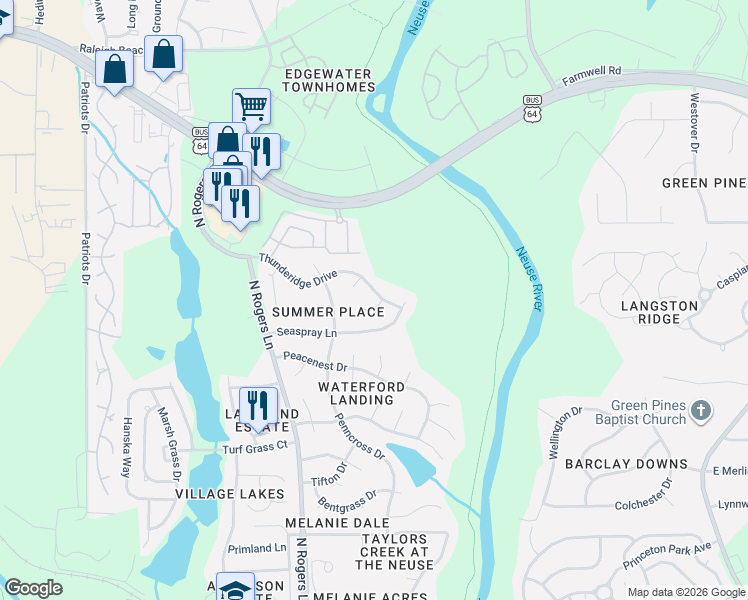 map of restaurants, bars, coffee shops, grocery stores, and more near 1032 Cookwood Court in Raleigh