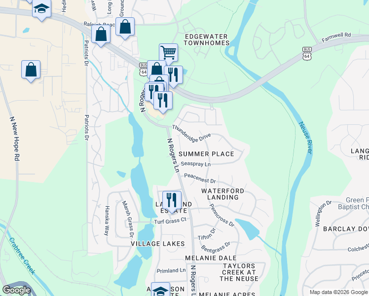 map of restaurants, bars, coffee shops, grocery stores, and more near 1008 Stormy Lane in Raleigh