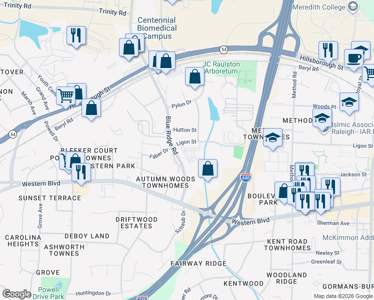 map of restaurants, bars, coffee shops, grocery stores, and more near 600 Blue Ridge Road in Raleigh