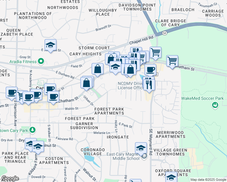 map of restaurants, bars, coffee shops, grocery stores, and more near in Cary