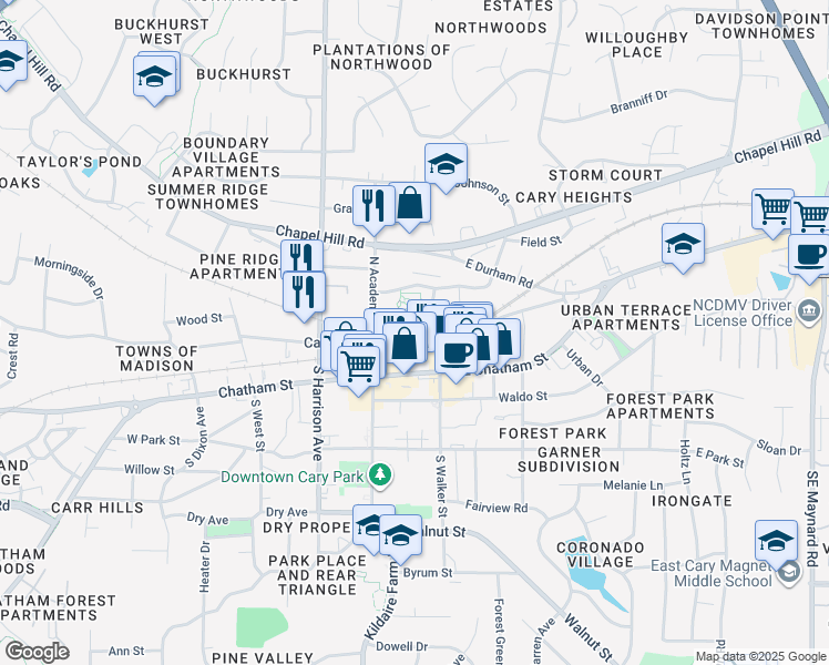 map of restaurants, bars, coffee shops, grocery stores, and more near in Cary