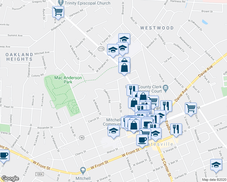 map of restaurants, bars, coffee shops, grocery stores, and more near 215 Maple Street in Statesville