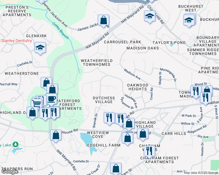 map of restaurants, bars, coffee shops, grocery stores, and more near 101 Vermel Court in Cary