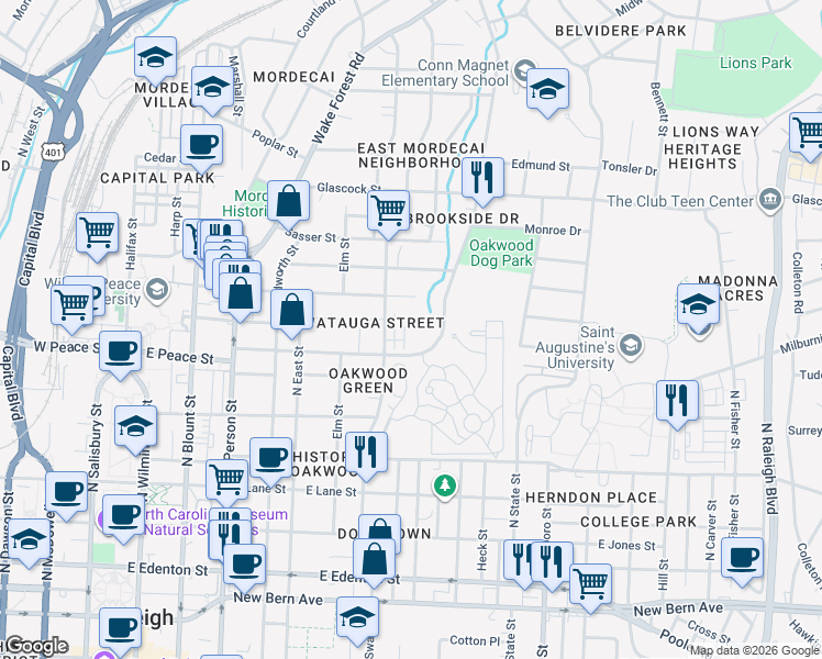 map of restaurants, bars, coffee shops, grocery stores, and more near 726 Peakland Place in Raleigh