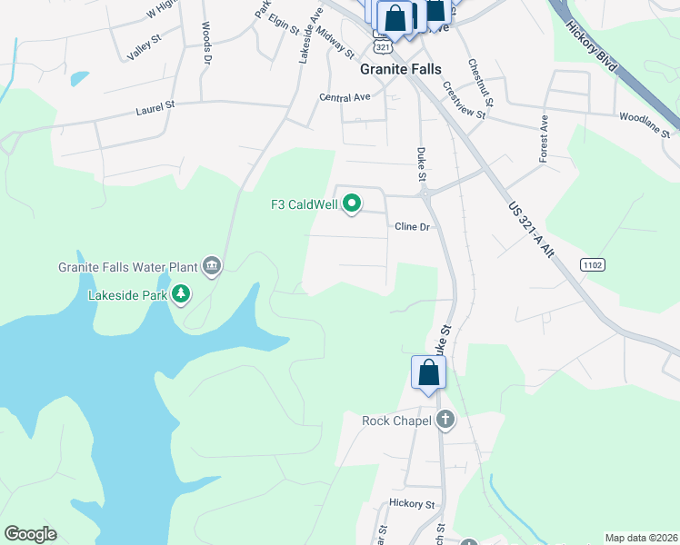 map of restaurants, bars, coffee shops, grocery stores, and more near 5 Power Drive in Granite Falls