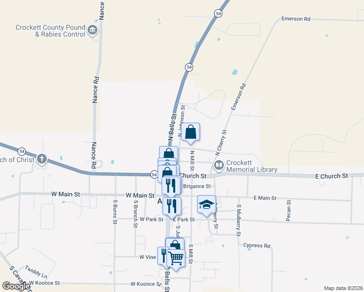 map of restaurants, bars, coffee shops, grocery stores, and more near 227 North Johnson Street in Alamo